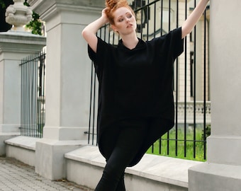 Zwarte katoenen kaftan tuniekjurk, grote maten oversized kleding