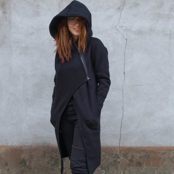 Hooded Coat, Black Cosplay Hoodie, Asymmetrical Coat, Post Apocalyptic Hoodie, Pixie Hoodie, Women Plus Size Coat, Navaho Clothing, Zip Up