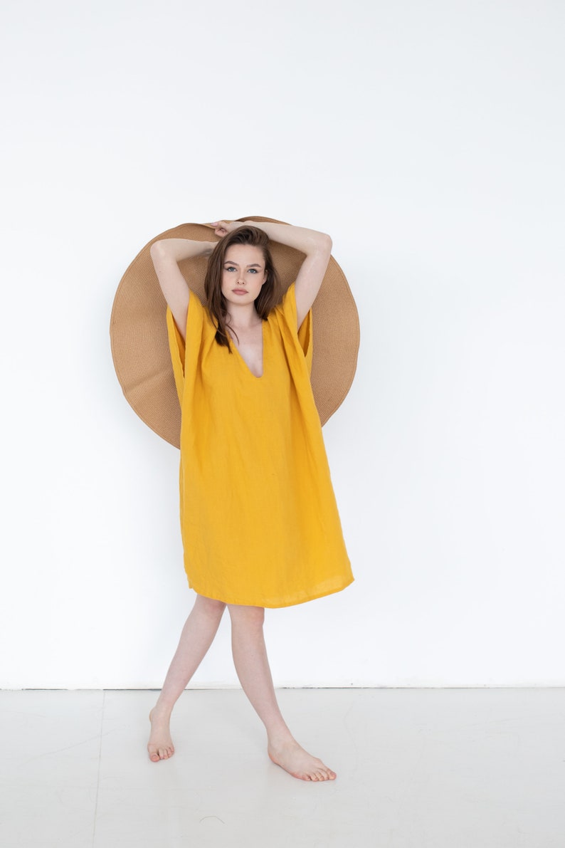 Loose Linen Dress, Yellow Summer Dress, Women Linen Dress, Maternity Dress, Oversized Linen Dress, Pure Linen Dress, Linen Sundress, Casual image 2