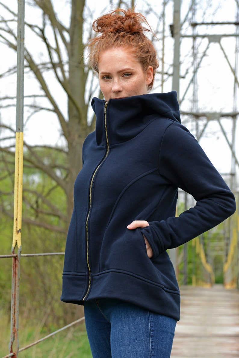 Women Hooded Hoodie, Hoodies And Sweatshirt, Plus Size Clothing, Big Hood Hoodie, Navy Women Sweatshirt, Plus Size Workout,Zip Up Sweatshirt image 2