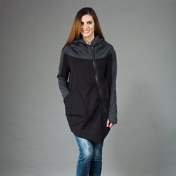 Asymmetric Hoodie, Women Black Hoodie, Hooded Sweatshirt, Plus Size Clothing, Loose Hoodie, Hooded Sweatshirt, Zipper Hoodie, Oversized