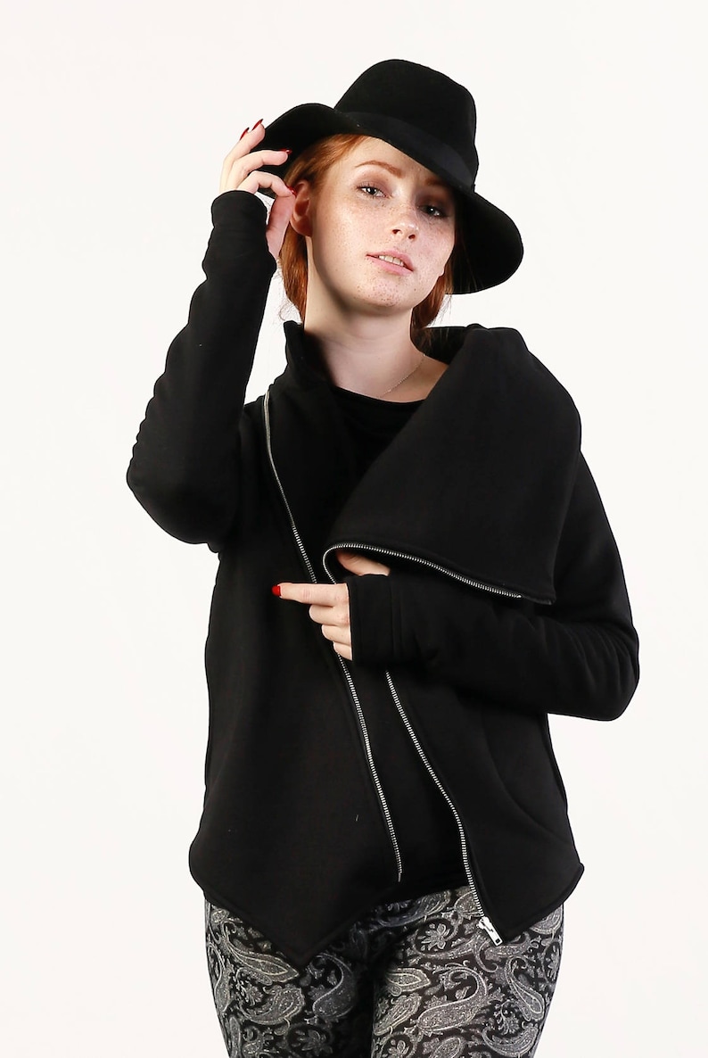 Women/'s Clothing Fitted Jacket Women/'s SweatshirtWarm SweatshirtTunicCotton Coat Asymmetrical Handmade Black Hoodie with Collar