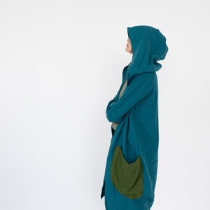 Linen women duster cardigan, hooded vest with pockets, long hand tailored top