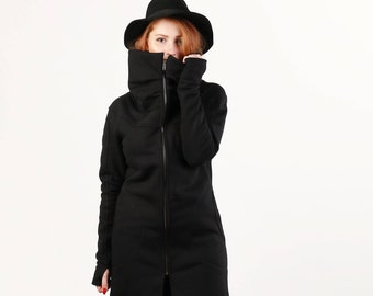 Manteau noir pour femme, Manteau à col montant, Veste gothique à col roulé, Vestes pour femme, Vêtements grande taille, Dark Academia, Vêtements techwear