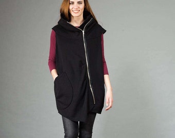 Black Hooded Cotton Vest, Asymmetric Sleeveless Hoodie, fall style, cyberpunk style, futuristic coat