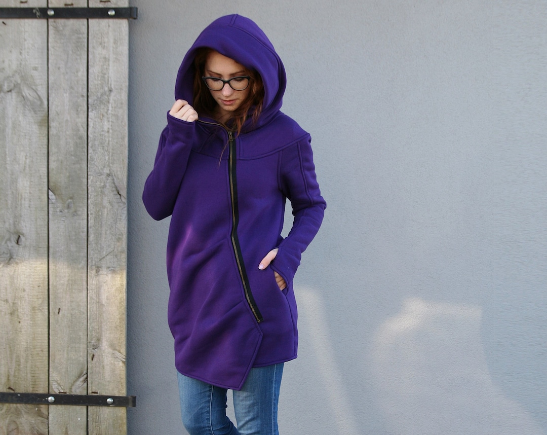 Felpa con cappuccio viola, moda autunnale, felpa con cappuccio