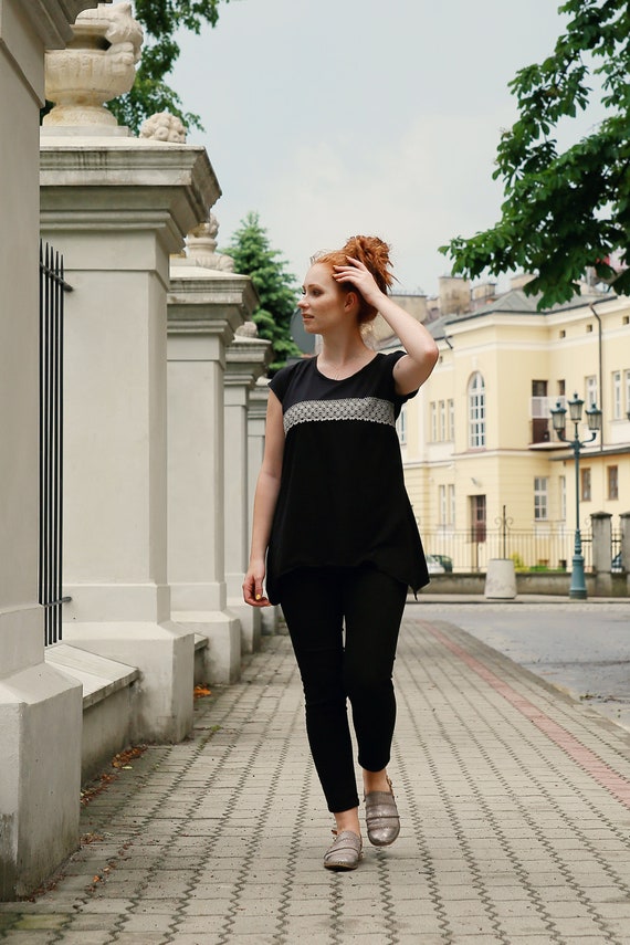 Camiseta negra mujer, túnica negra para mujer, ropa de talla