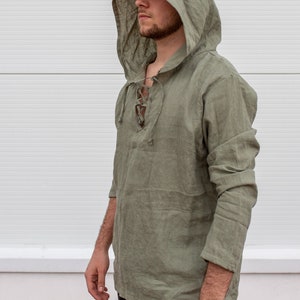 Mens Linen Hoodie, Shaman Clothing, Medieval Hoodie, Linen Larp Top, Long Sleeve Shirt, Jedi Clothing, Plus Size Clothing, Festival Hoodie image 3