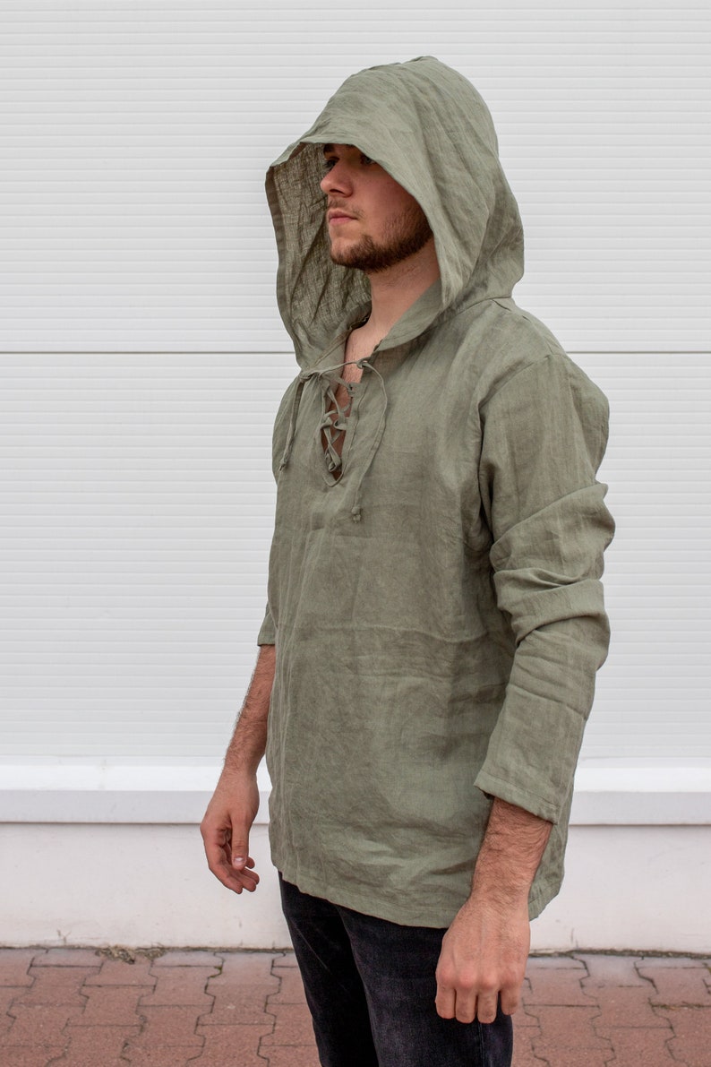 Mens Linen Hoodie, Shaman Clothing, Medieval Hoodie, Linen Larp Top, Long Sleeve Shirt, Jedi Clothing, Plus Size Clothing, Festival Hoodie image 3