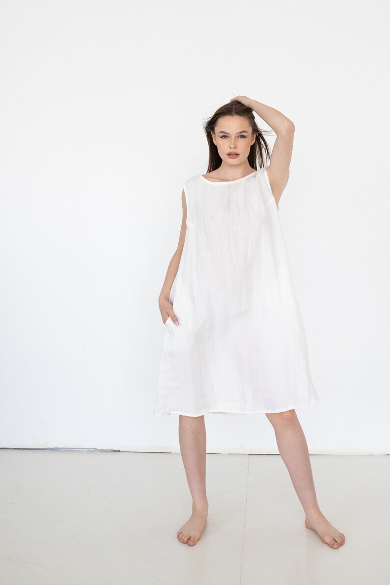 White Linen Dress, Women Linen Sundress, Summer Midi Dress, White Linen Dress, Lightweight Linen Dress, Mid Century Modern, Beach Dress image 1