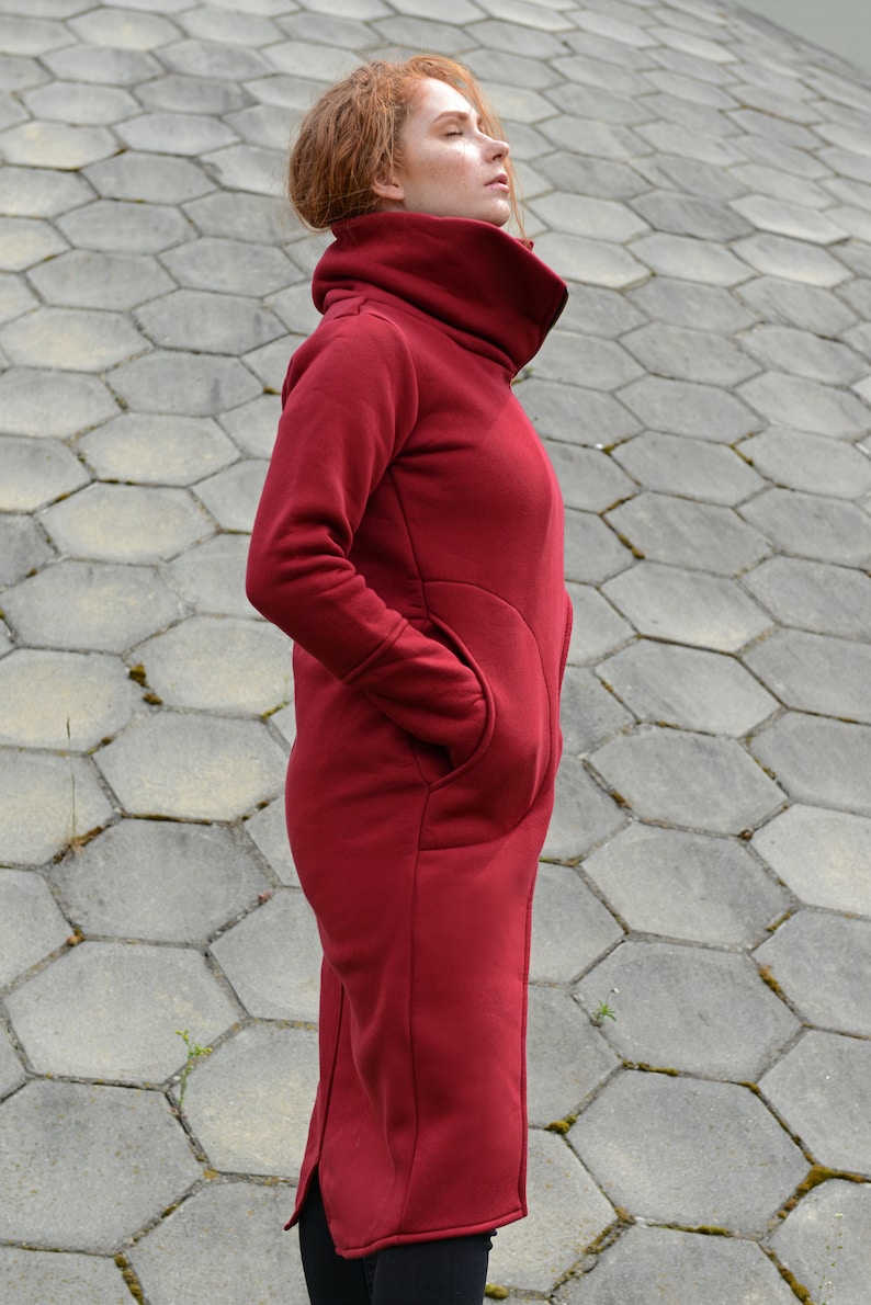 Plus Size Clothing Women Long Jacket Red Women Coat Asymmetrical Coat Turtleneck Coat Extravagant Clothes Zipper Coat Cotton Coat