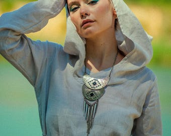 Leinen Tunika Kleid mit Kapuze, Langarm und Taschen