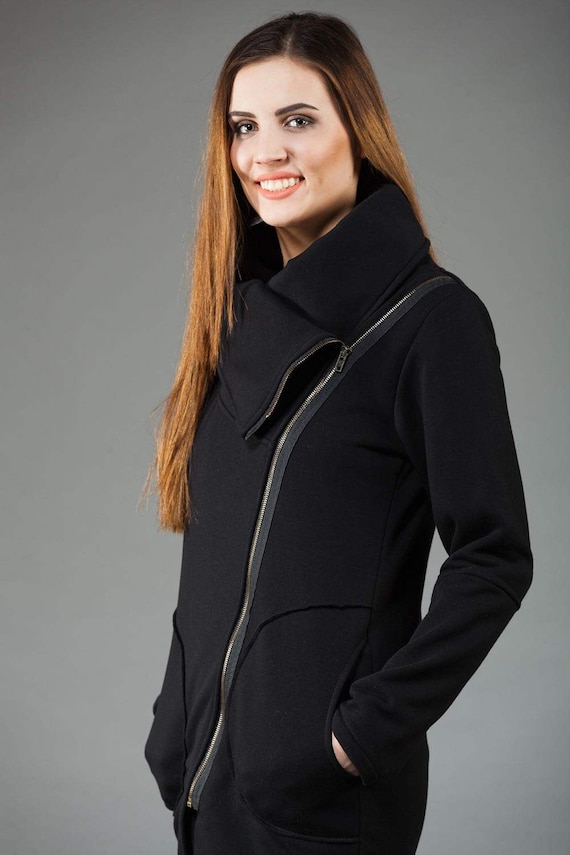 Black Jacket, Womens Clothing, Women Sweatshirt, Asymmetrical