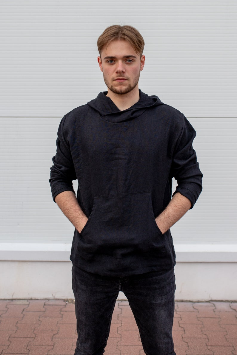 Linen Hoodie Men, Mens Clothing, Big Hood Hoodie, Lightweight Hoodie, Black Loose Sweatshirt, Wizard Hoodie, Mid Century Modern,Ninja Hoodie zdjęcie 5