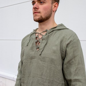 Mens Linen Hoodie, Shaman Clothing, Medieval Hoodie, Linen Larp Top, Long Sleeve Shirt, Jedi Clothing, Plus Size Clothing, Festival Hoodie image 4