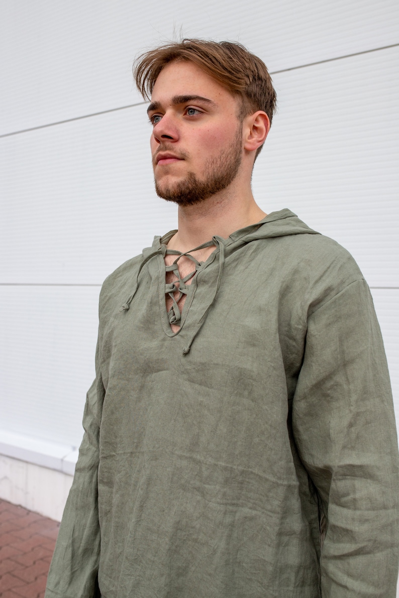 Mens Linen Hoodie, Shaman Clothing, Medieval Hoodie, Linen Larp Top, Long Sleeve Shirt, Jedi Clothing, Plus Size Clothing, Festival Hoodie image 4