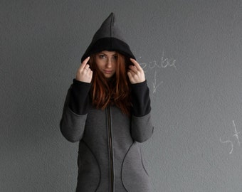 Cyberpunk Hoodie, Oversized Grey Cotton Hooded Jacket, Plus Size, big hood, cotton spring style, whimsigoth clothing