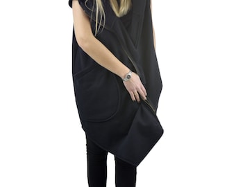 Black Sleeveless Hoodie Women, Asymmetric Zip Cotton Vest, gothic style, cyberpunk hood, anime