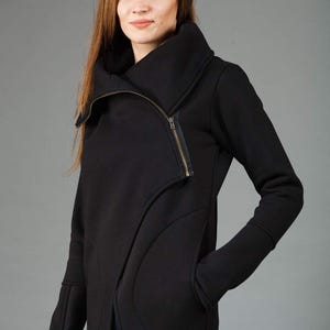 Black Coat, Solarpunk Coat, Raven Hoodie, Plus Size Clothing, Winter Coat, Asymmetrical Coat, High Collar Coat, Long Sleeve Coat, Wrap Coat image 2