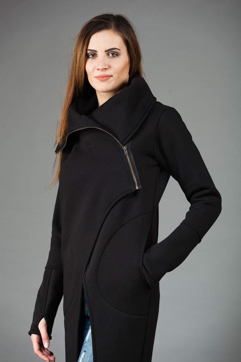 Black Coat, Solarpunk Coat, Raven Hoodie, Plus Size Clothing, Winter Coat, Asymmetrical Coat, High Collar Coat, Long Sleeve Coat, Wrap Coat image 2