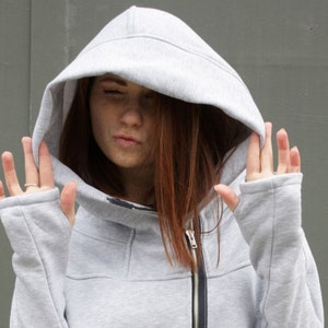 Big Hood Hoodie with Custom Text Label, Solarpunk Hoodie, Custom Womens Clothing, Asymmetrical Hoodie, Zip Up Hoodie, Grey Hooded Coat