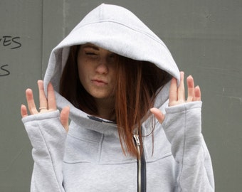 Großer Kapuzen-Hoodie, Solarpunk-Hoodie, Damen-Hoodie, asymmetrischer Hoodie, Reißverschluss-Hoodie, Kapuzenmantel, graues Sweatshirt, bequeme Kleidung, Baumwolle