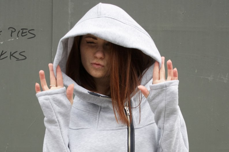 Sudadera con capucha Big Hood, sudadera con capucha Solarpunk, sudadera con capucha para mujer, sudadera con capucha asimétrica, sudadera con capucha con cremallera, abrigo con capucha, sudadera gris, ropa cómoda, algodón imagen 1