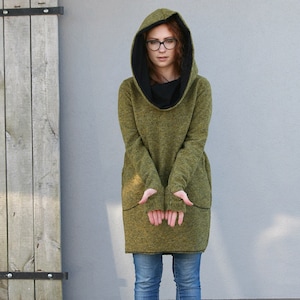 Oversized Hooded Tunic Dress - Olive Green Sweater Dress with Pockets