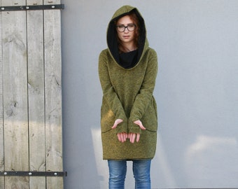 Cowl Neck Sweater, Green Wool Sweatshirt, Spring Style, Wool Pullover, Hooded Sweater, Thumbhole Hoodie, Plus Size Clothing, Warm Sweater