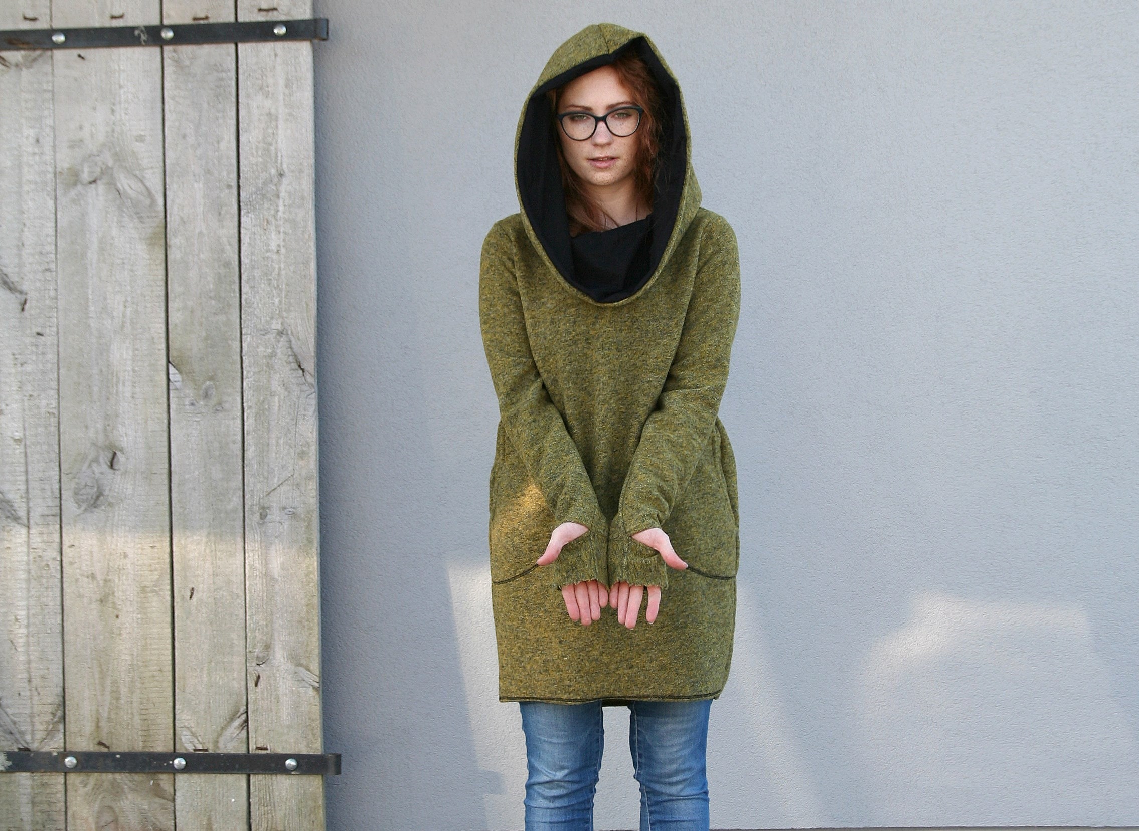 White Hoodie Tunic Top Oversized Hooded Tunic Dress Olive Green Sweater  Dress With Pockets UK