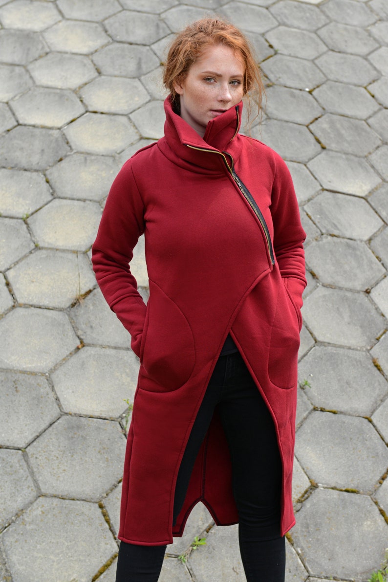 Plus Size Clothing Women Long Jacket Red Women Coat Asymmetrical Coat Turtleneck Coat Extravagant Clothes Zipper Coat Cotton Coat