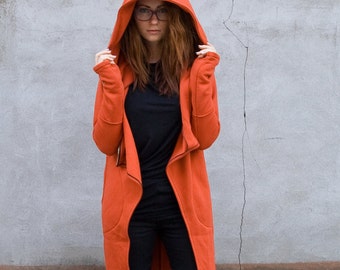 Burnt Orange Coat, Asymmetrical Coat, Zip up Coat Hoodie Burnt Orange Coat, Asymmetrical Coat, Zip up Coat Hoodie