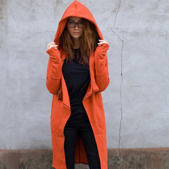 Burnt Orange Coat, Asymmetrical Coat, Zip up Coat Hoodie, Hooded Coat, Women  Hoodie, Long Hoodie, Zipper Hoodie, Boho Clothing,orange Hoodie 