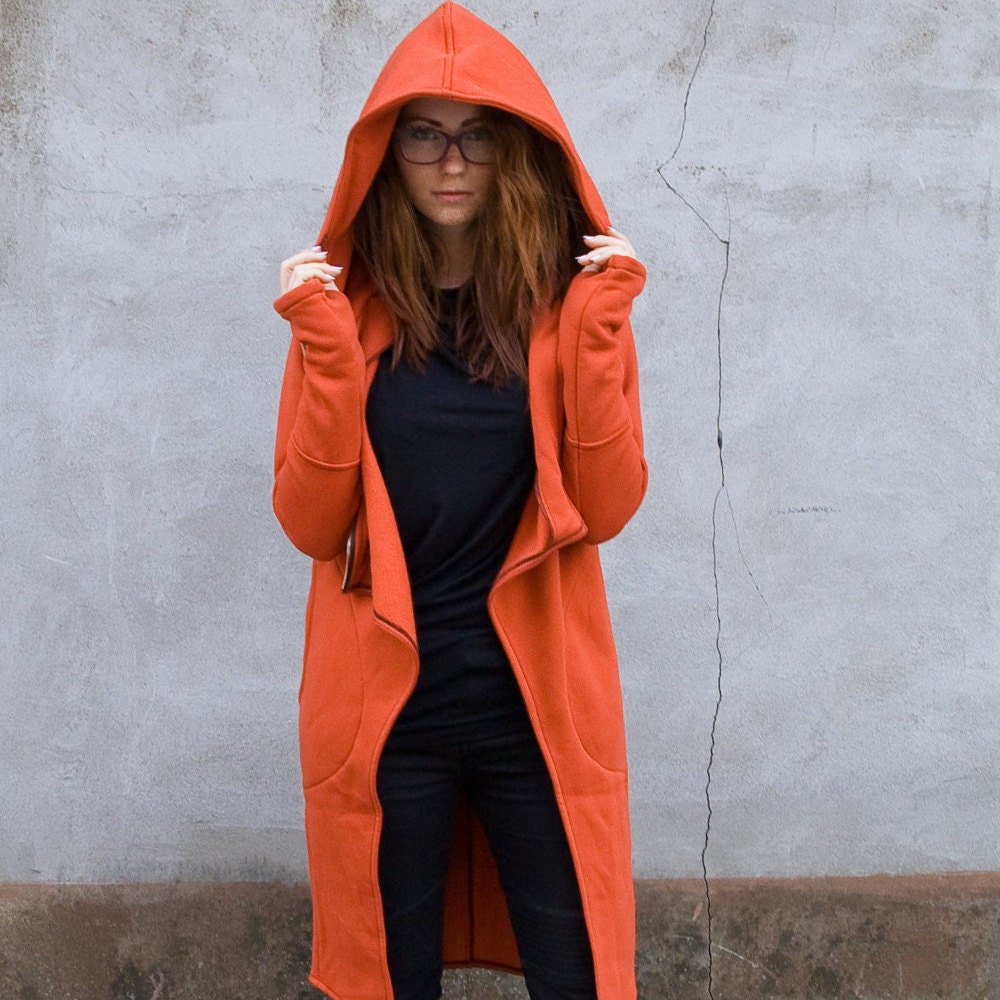 Burnt Orange Coat Asymmetrical Coat Zip up Coat Hoodie Hooded Coat Women Hoodie Long Hoodie Zipper Hoodie Boho Clothing orange Hoodie Etsy Ireland