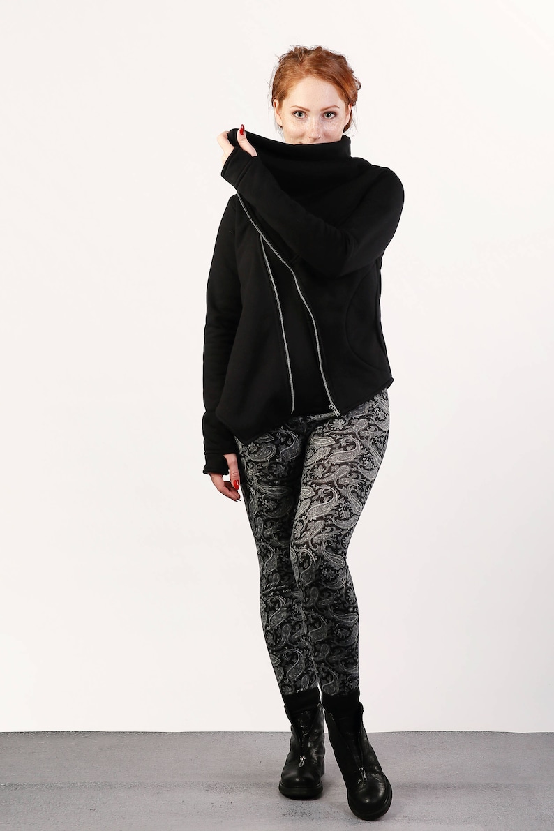 Women/'s Clothing Fitted Jacket Women/'s SweatshirtWarm SweatshirtTunicCotton Coat Asymmetrical Handmade Black Hoodie with Collar