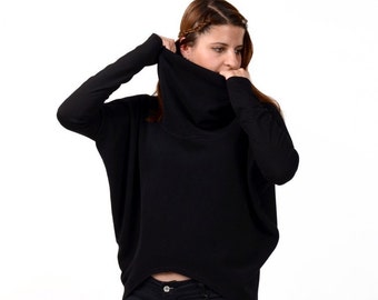 Asymmetrische schwarze Baumwollmischung Rollkragenpullover, individuelle Kleidung, Cyberpunk Tunika, dystopische Kleidung