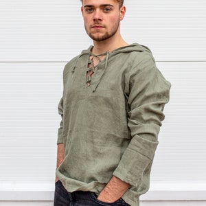 Mens Linen Hoodie, Shaman Clothing, Medieval Hoodie, Linen Larp Top, Long Sleeve Shirt, Jedi Clothing, Plus Size Clothing, Festival Hoodie image 5