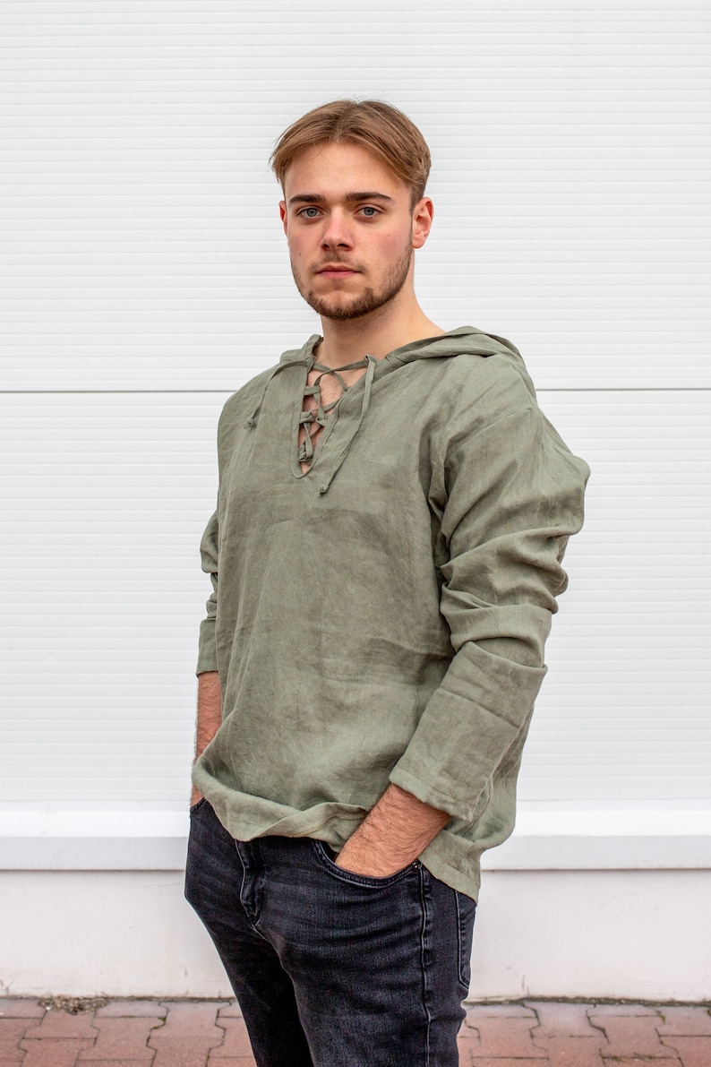 Mens Linen Hoodie, Shaman Clothing, Medieval Hoodie, Linen Larp Top, Long Sleeve Shirt, Jedi Clothing, Plus Size Clothing, Festival Hoodie image 5