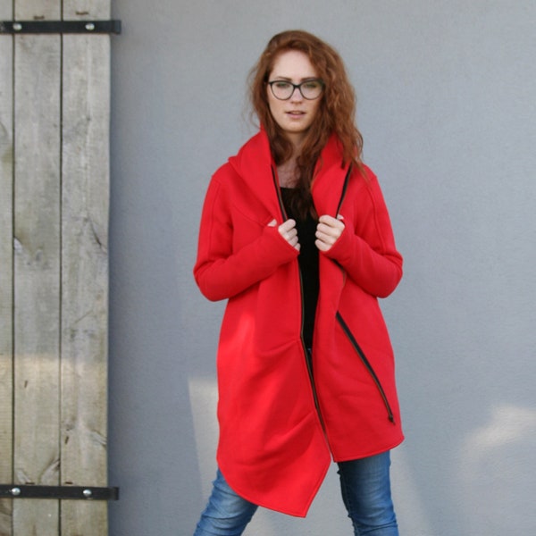 Long Hoodie For Women, Red Hoodie, Winter Clothing, Red Sweatshirt, Plus Size Hoodie, Asymmetric Sweatshirt, Oversized Hoodie, Spring Hoodie