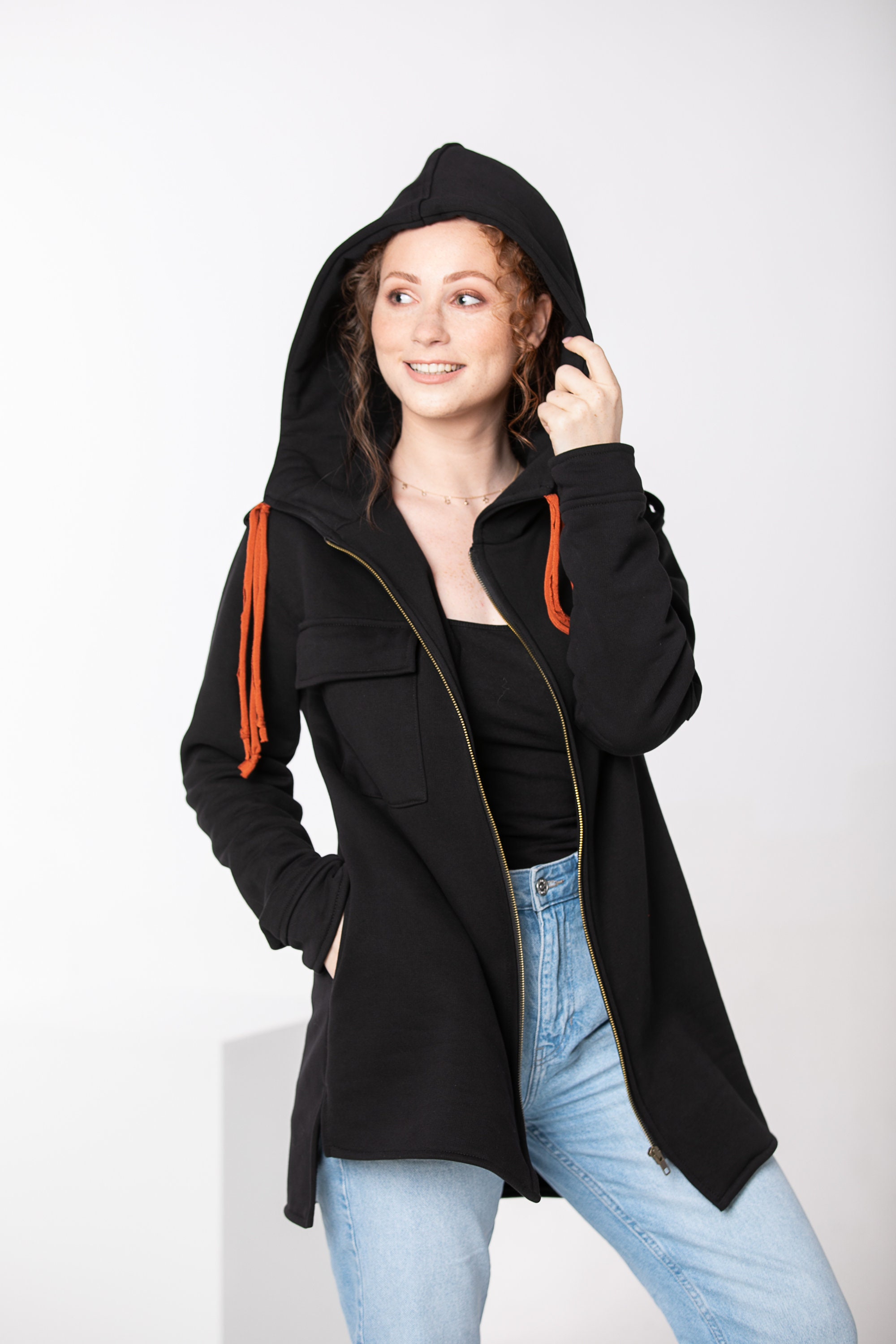 Casual Black Hooded Jacket, Women Short Coat, Zipper Coat Casual Black Hooded Jacket, Women Short Coat, Zipper Coat