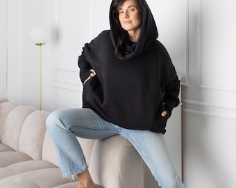 Moletom preto oversized com capuz, grande, mistura de algodão, streetwear feminino