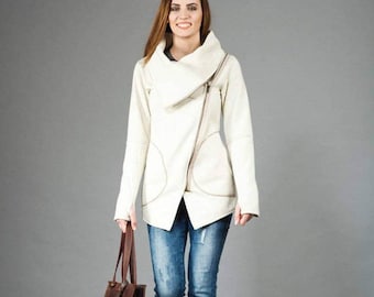 White Jacket, Women Jacket, Cowl Neck Sweatshirt, Plus Size Clothing, Asymmetrical Jacket, Zipper Jacket, Plus Size Jacket, Oversize Jacket