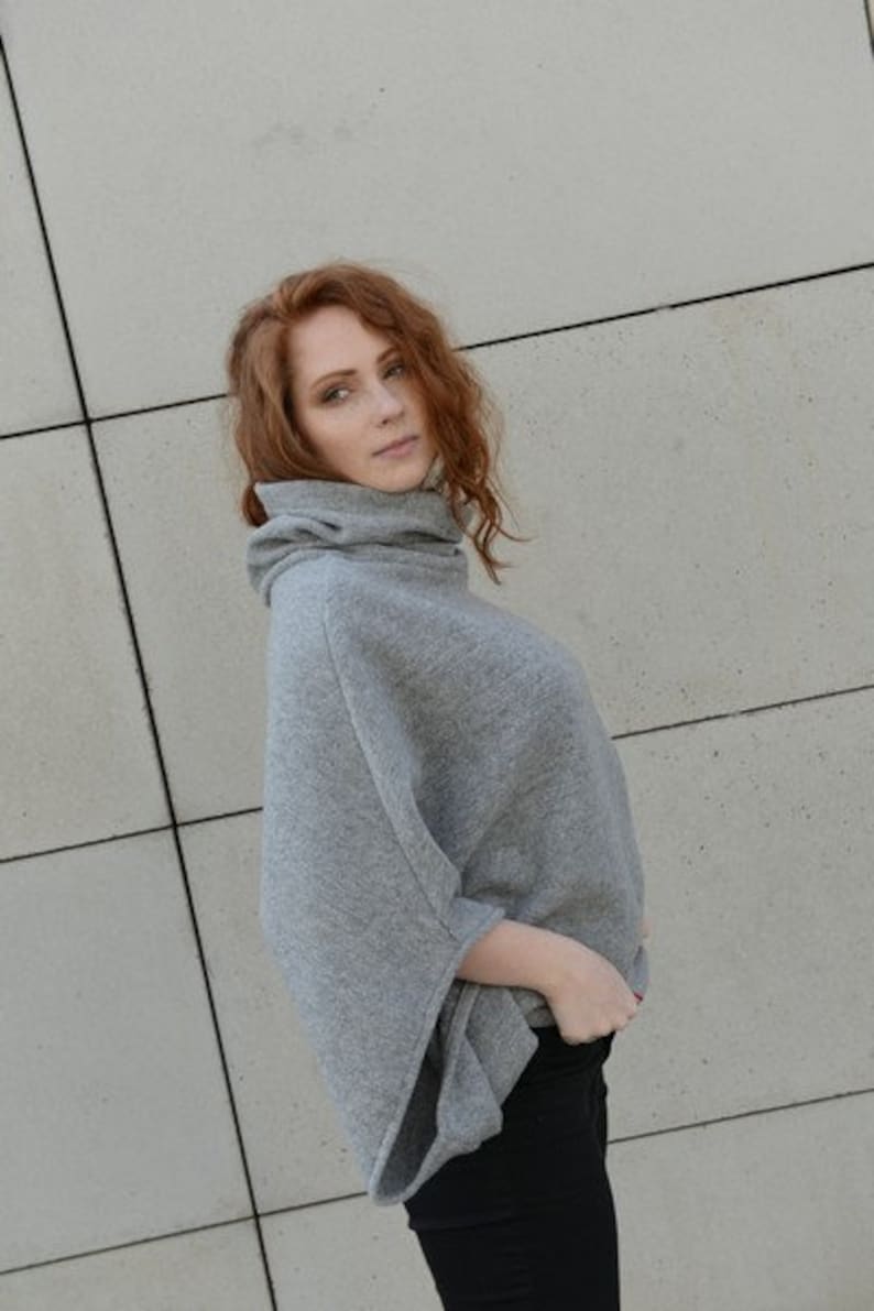 Wool Poncho Women, Winter Poncho, Poncho Sweater, Knitted Sweatshirt, Cowl Neck Sweater, Grey Sweatshirt, Womens Clothing, Warm Tunic, Cozy image 2