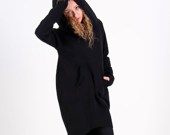 Schwarzes Baumwoll Kapuzen Kleid, Asymmetrische Tunika, Spitze Kapuze