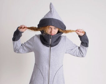Long Cotton Hoodie Jacket, Pointed Hood, Plus Size Winter Coat