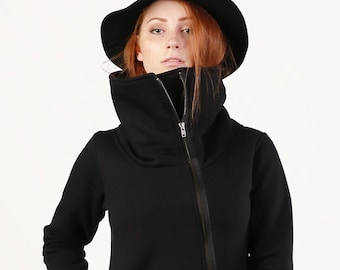 High Collar Jacket, Asymmetrical Jacket, Cyberpunk Jacket, High Neck Coat, Techwear Hoodie, Black Hoodie Jacket, Emo Clothes, Gothic Coat