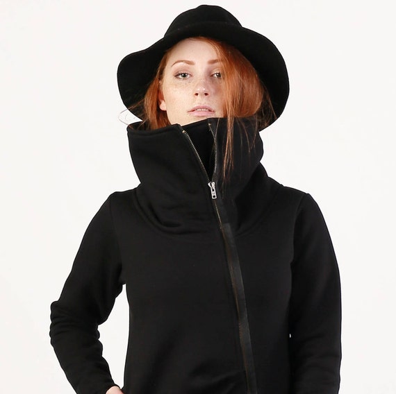 High Collar Jacket, Asymmetrical Jacket, Cyberpunk Jacket, High Neck Coat,  Techwear Hoodie, Black Hoodie Jacket, Black Jacket, Gothic Coat 