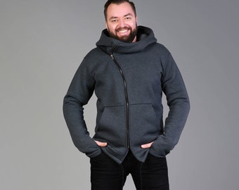 Herrenbekleidung, asymmetrischer Kapuzenpullover mit Reißverschluss, Kapuzenpullover mit großer Kapuze, Kapuzenpullover für Herren, Herrenjacke, Kapuzenpullover mit Reißverschluss, Sweatshirt grau, Kapuzenpullover, Stehkragen