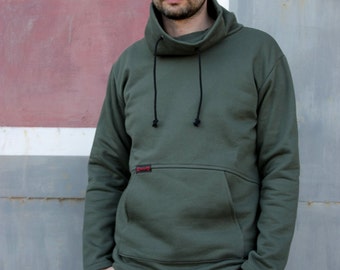 Green High Neck Cotton Hoodie, Men's Comfy Jumper