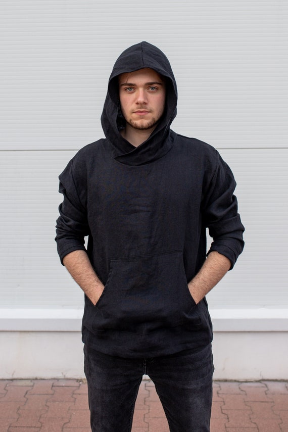 Linen Hoodie Men, Mens Clothing, Big Hood Hoodie, Lightweight Hoodie, Black  Loose Sweatshirt, Wizard Hoodie, Mid Century Modern,ninja Hoodie 